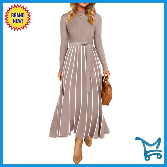 Turtleneck Sweater Dress Long Sleeve Tie Waist Loose Fit Ribbed Knit Midi